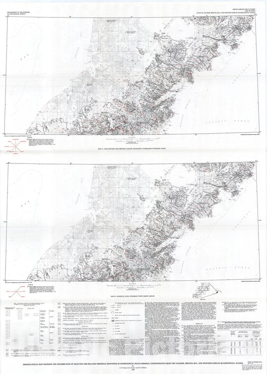 Map : Mineralogical map showing the distribution of selected ore related minerals identified in nonmagnetic heavy-mineral concentrates f, 1988 Cartography Wall Art :
