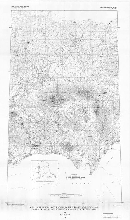 Map : Non-placer mineral occurrences in the Soloman, Bendeleben and southern part of the Kotzebue quadrangles, western Alaska, 1988 Cartography Wall Art :