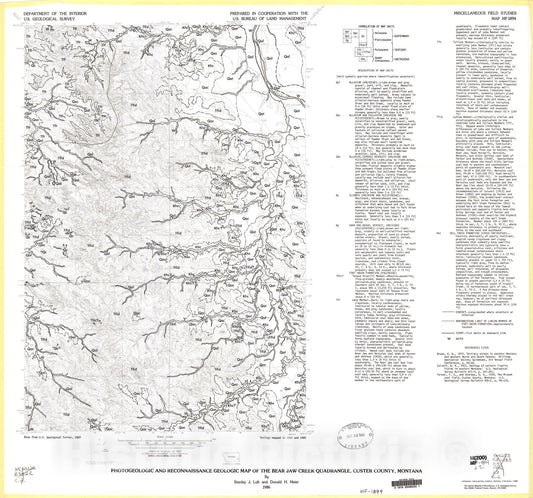 Map : Photogeologic and reconnaissance geologic map of the Bear Jaw Creek quadrangle, Custer County, Montana, 1986 Cartography Wall Art :