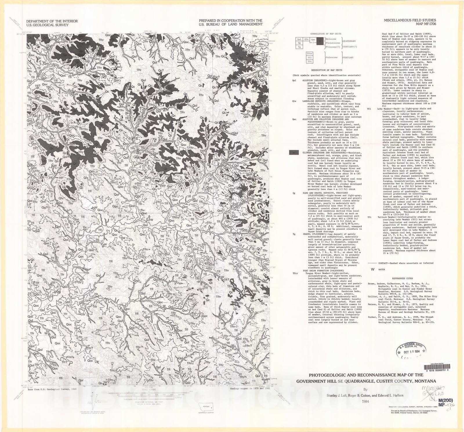 Map : Photogeologic and reconnaissance geologic map of the Government Hill SE quadrangle, Custer County, Montana, 1984 Cartography Wall Art :