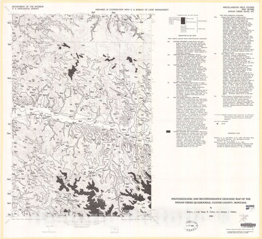 Map : Photogeologic and reconnaissance geologic map of the Hogan Creek quadrangle, Custer County, Montana, 1984 Cartography Wall Art :
