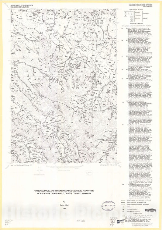 Map : Photogeologic and reconnaissance geologic map of the Horse Creek quadrangle, Custer County, Montana, 1986 Cartography Wall Art :