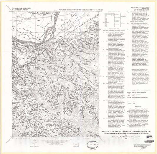 Map : Photogeologic and reconnaissance geologic map of the Lignite Creek quadrangle, Custer County, Montana, 1984 Cartography Wall Art :