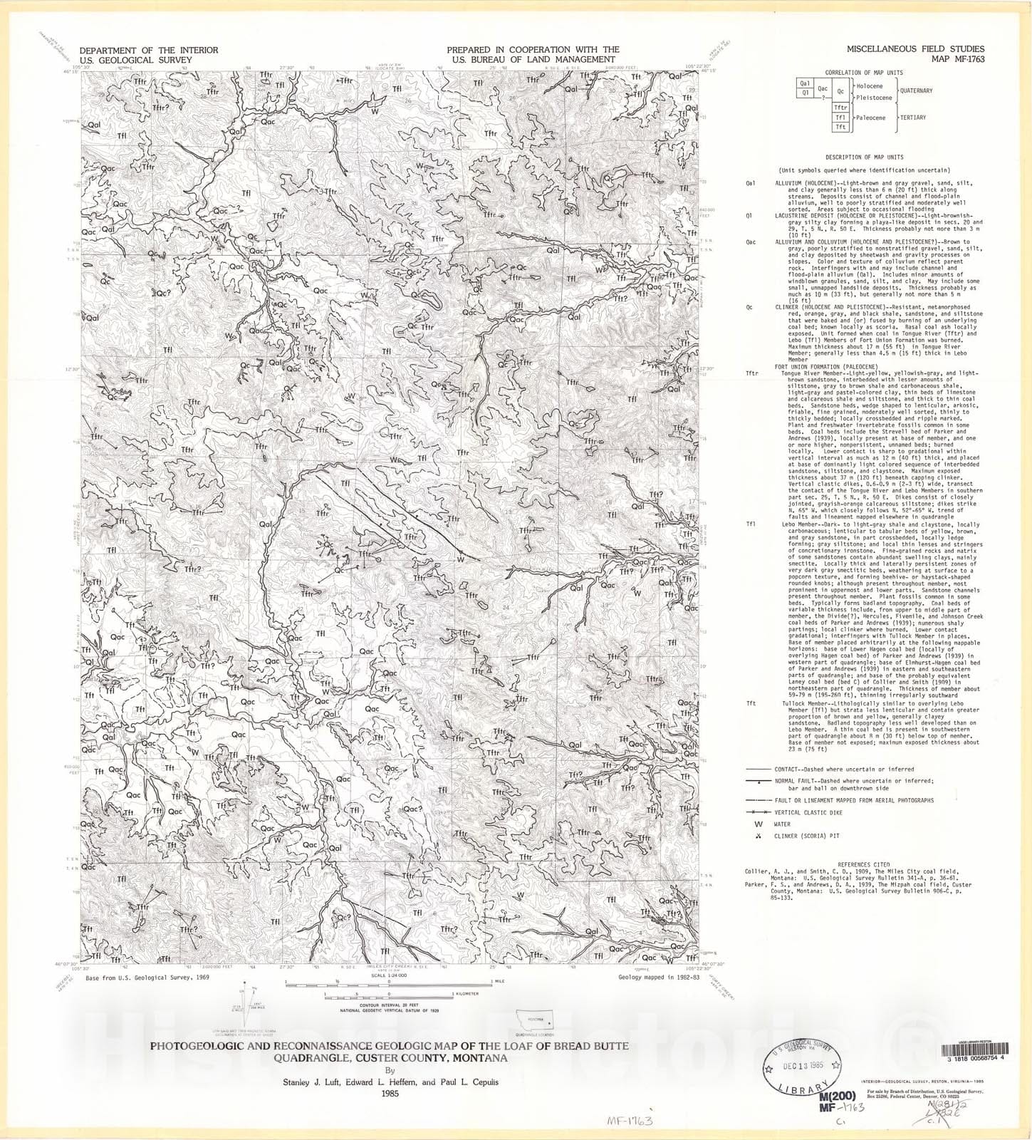 Map : Photogeologic and reconnaissance geologic map of the Loaf Of Bread Butte quadrangle, Custer County, Montana, 1985 Cartography Wall Art :