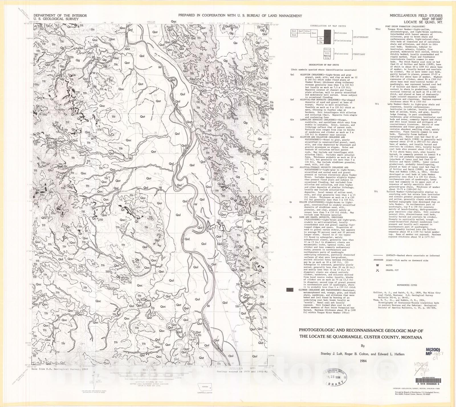 Map : Photogeologic and reconnaissance geologic map of the Locate SE quadrangle, Custer County, Montana, 1984 Cartography Wall Art :