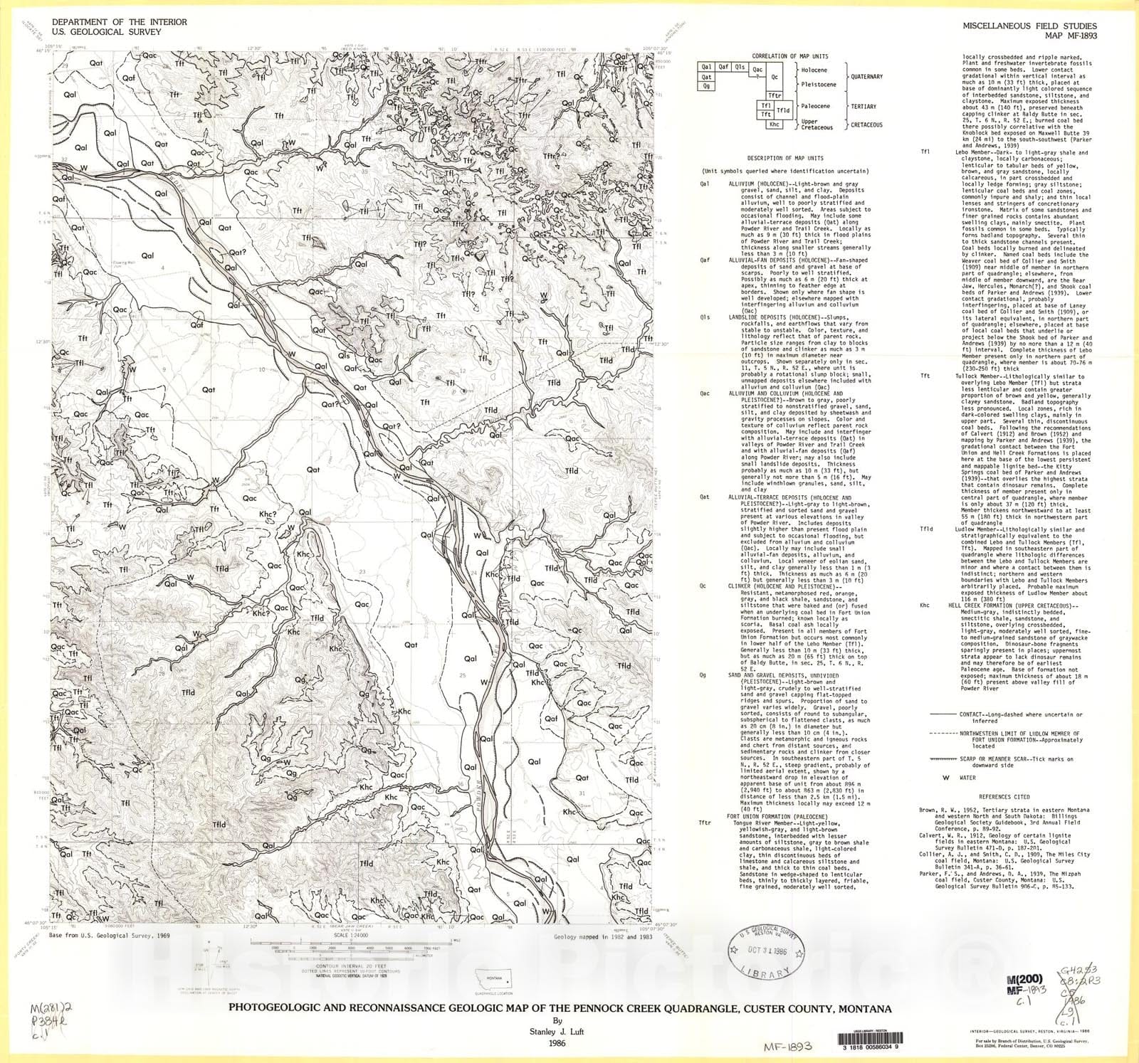 Map : Photogeologic and reconnaissance geologic map of the Pennock Creek quadrangle, Custer County, Montana, 1986 Cartography Wall Art :