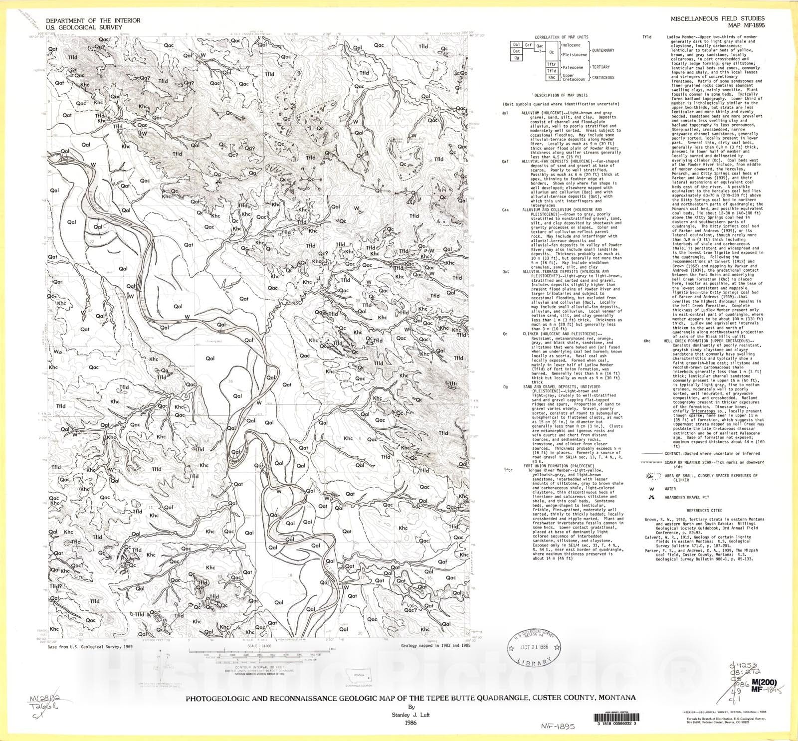 Map : Photogeologic and reconnaissance geologic map of the Tepee Butte quadrangle, Custer County, Montana, 1986 Cartography Wall Art :