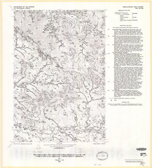 Map : Photogeologic and reconnaissance geologic map of the Tepee Butte NE quadrangle, Custer County, Montana, 1985 Cartography Wall Art :