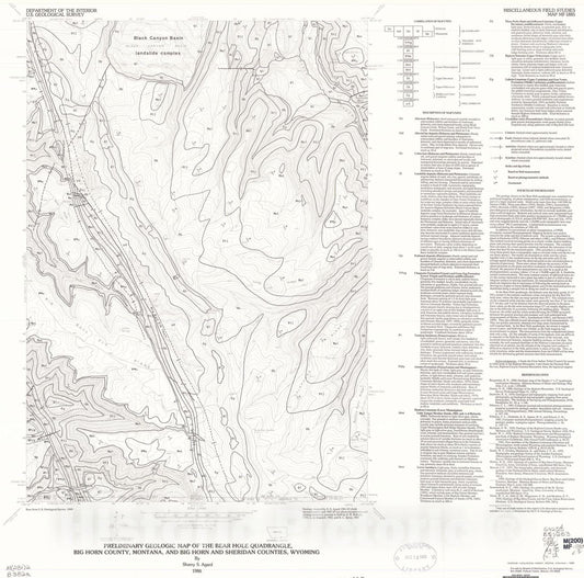 Map : Preliminary geologic map of the Bear Hole quadrangle, Big Horn County, Montana, and Big Horn and Sheridan Counties, Wyoming, 1986 Cartography Wall Art :