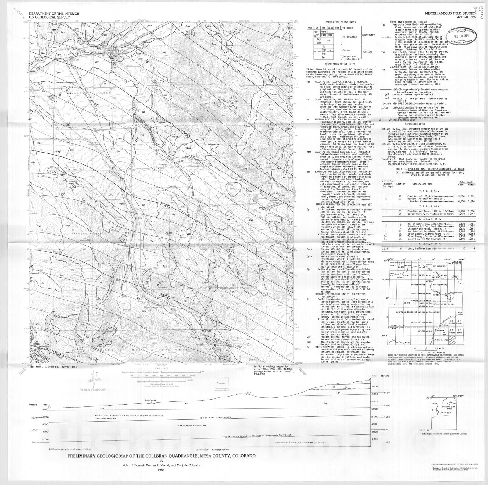 Map : Preliminary geologic map of the Collbran quadrangle, Mesa County, Colorado, 1985 Cartography Wall Art :