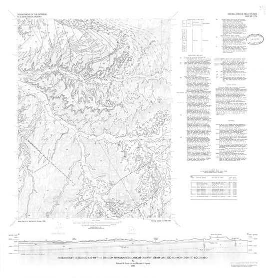 Map : Preliminary geologic map of the Dragon quadrangle, Uintah County, Utah, and Rio Blanco County, Colorado, 1985 Cartography Wall Art :