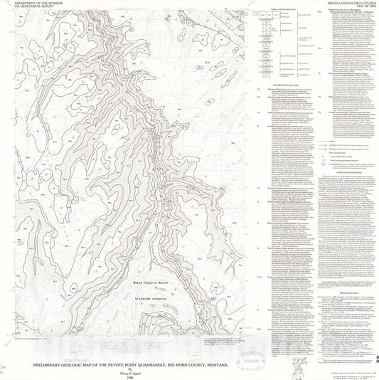 Map : Preliminary geologic map of the Peyote Point quadrangle, Big Horn County, Montana, 1986 Cartography Wall Art :