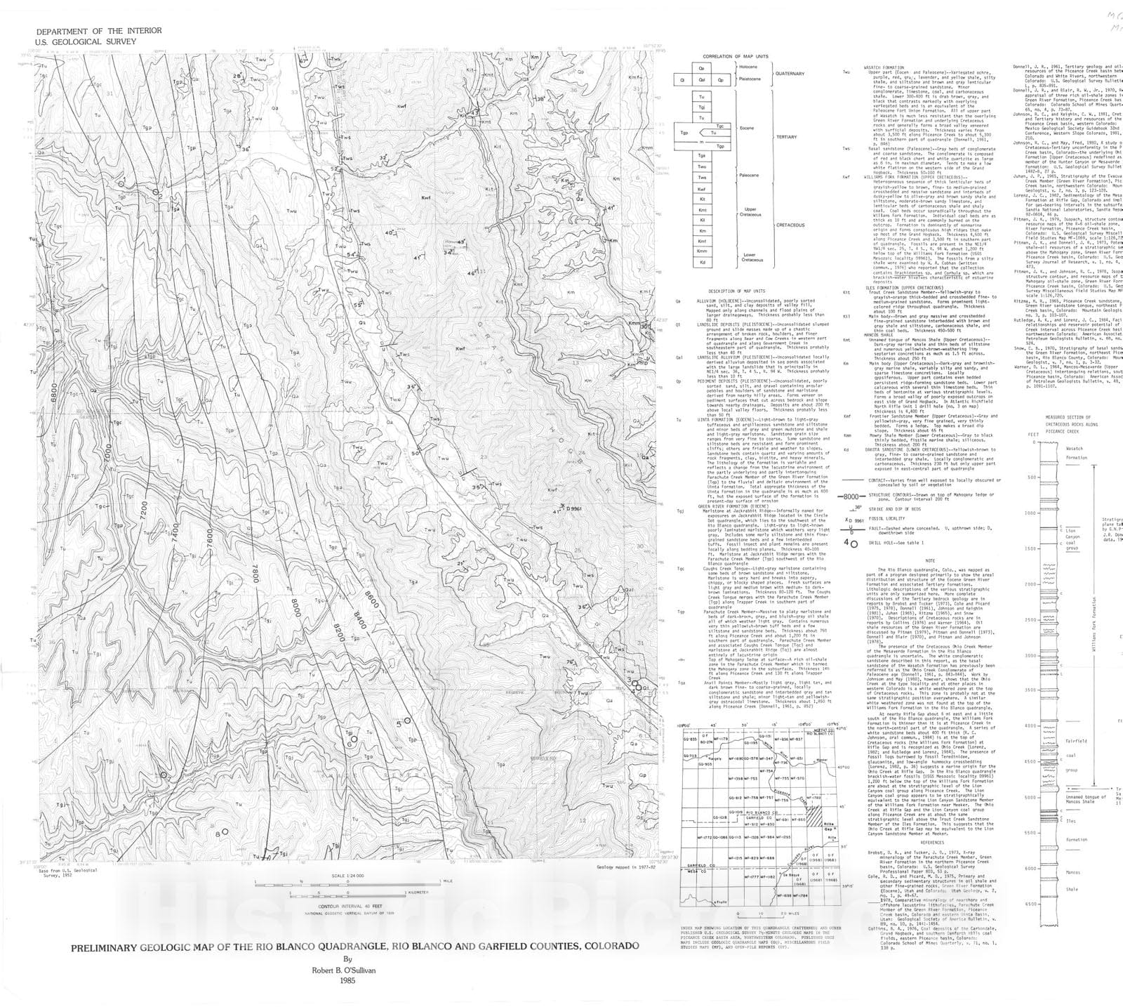Map : Preliminary geologic map of the Rio Blanco quadrangle, Rio Blanco and Garfield Counties, Colorado, 1985 Cartography Wall Art :