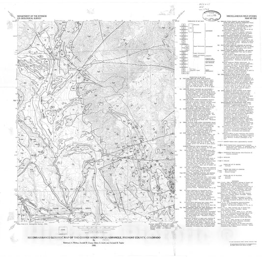 Map : Reconnaissance geologic map of the Cooper Mountain quadrangle, Fremont County, Colorado, 1985 Cartography Wall Art :