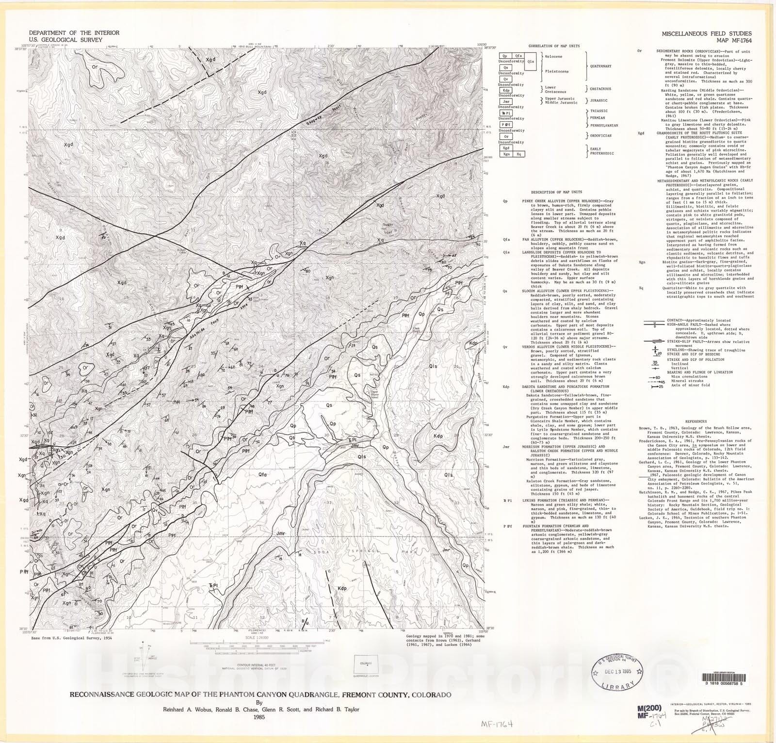 Map : Reconnaissance geologic map of the Phantom Canyon quadrangle, Fremont County, Colorado, 1985 Cartography Wall Art :