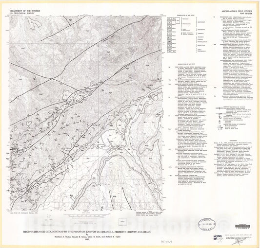 Map : Reconnaissance geologic map of the Phantom Canyon quadrangle, Fremont County, Colorado, 1985 Cartography Wall Art :