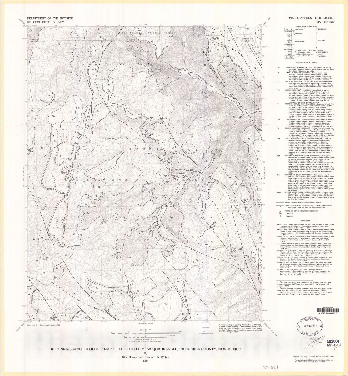 Map : Reconnaissance geologic map of the Toltec Mesa quadrangle, Rio Arriba County, New Mexico, 1985 Cartography Wall Art :