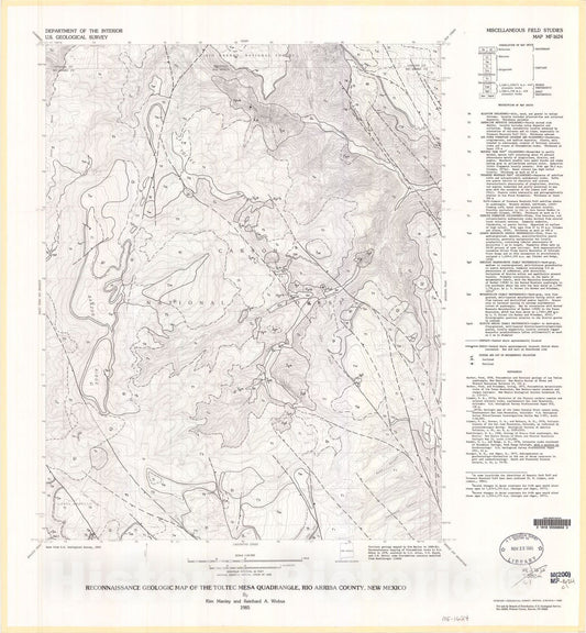 Map : Reconnaissance geologic map of the Toltec Mesa quadrangle, Rio Arriba County, New Mexico, 1985 Cartography Wall Art :