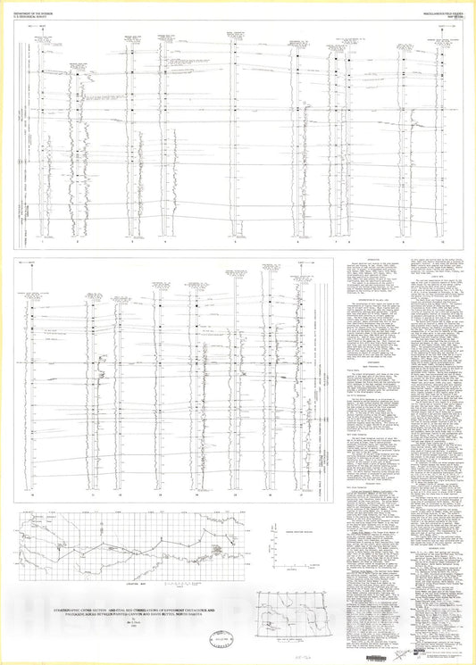 Map : Stratigraphic cross sections and coal bed correlations of uppermost Cretaceous and Paleocene rock between Painted Canyon and Davis Buttes, North Dakota, 1985 Cartography Wall Art :
