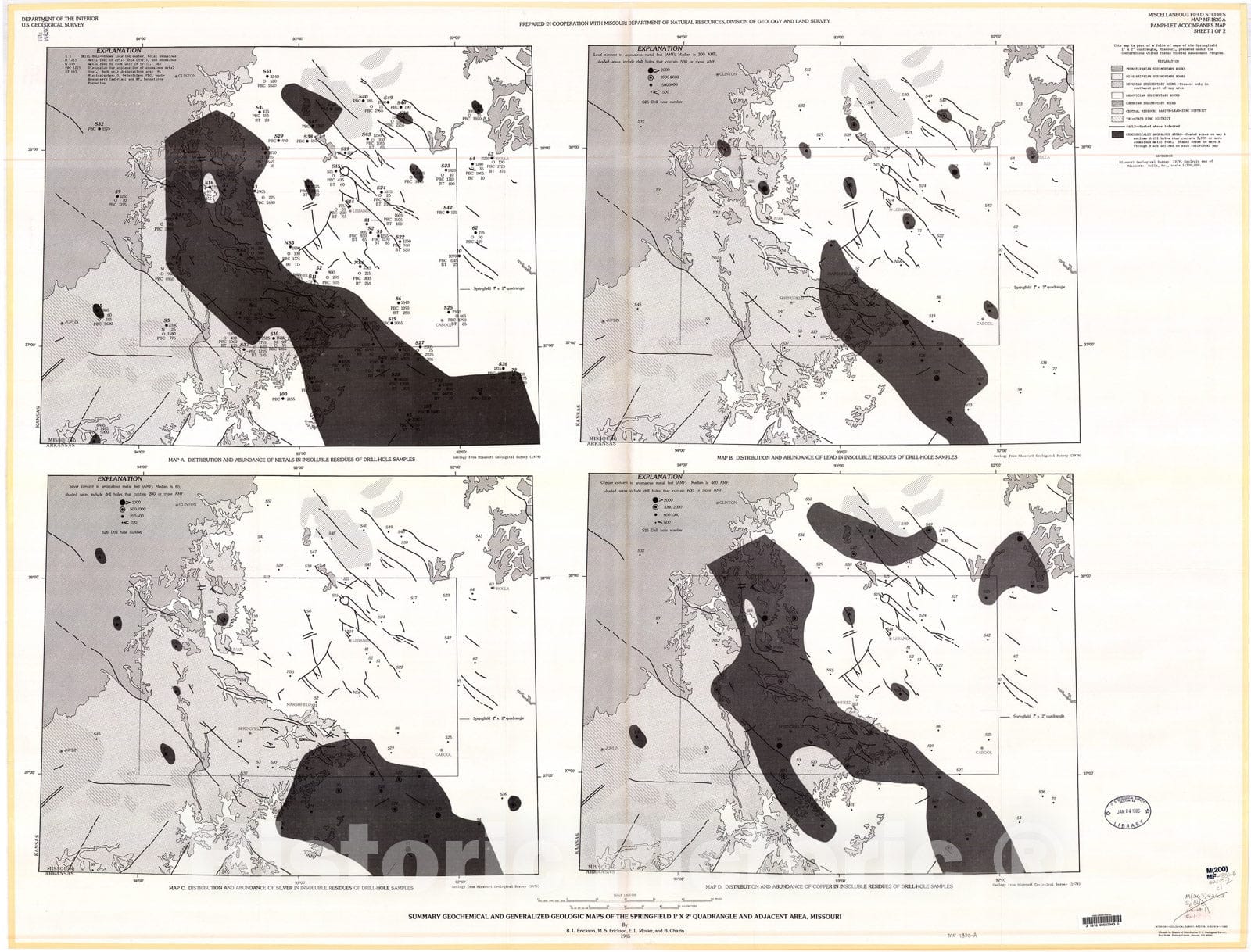 Map : Summary geochemical and generalized geologic maps of the Springfield one degree X two degrees quadrangle and adjacent area, Missouri, one985 Cartography Wall Art :