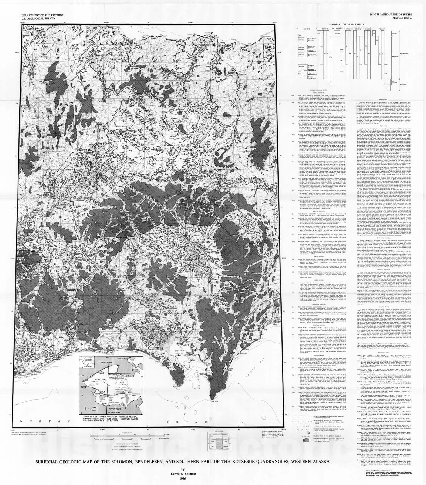 Map : Surficial geologic map of the Soloman, Bendeleben, and southern part of the Kotzebue quadrangles, western Alaska, 1986 Cartography Wall Art :