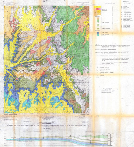 Map : Preliminary geologic map and coal resources of the Henrieville quadrangle, Garfield and Kane Counties, Utah, 1974 Cartography Wall Art :