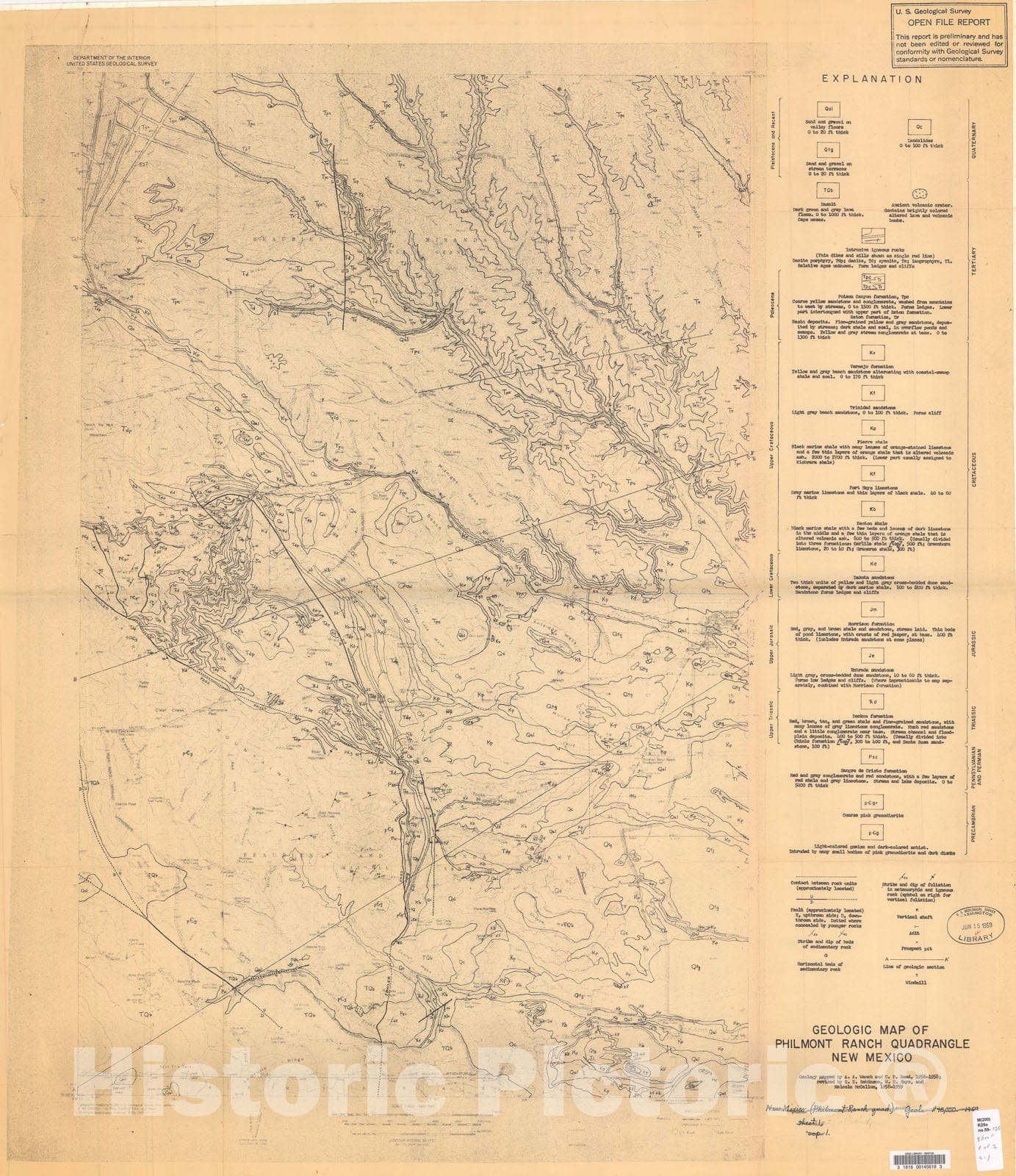 Map : Geologic map of the Philmont Ranch quadrangle, New Mexico, 1959 Cartography Wall Art :