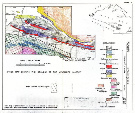 Map : Geology of the southern part of the Menominee district, Michigan and Wisconsin, 1958 Cartography Wall Art :