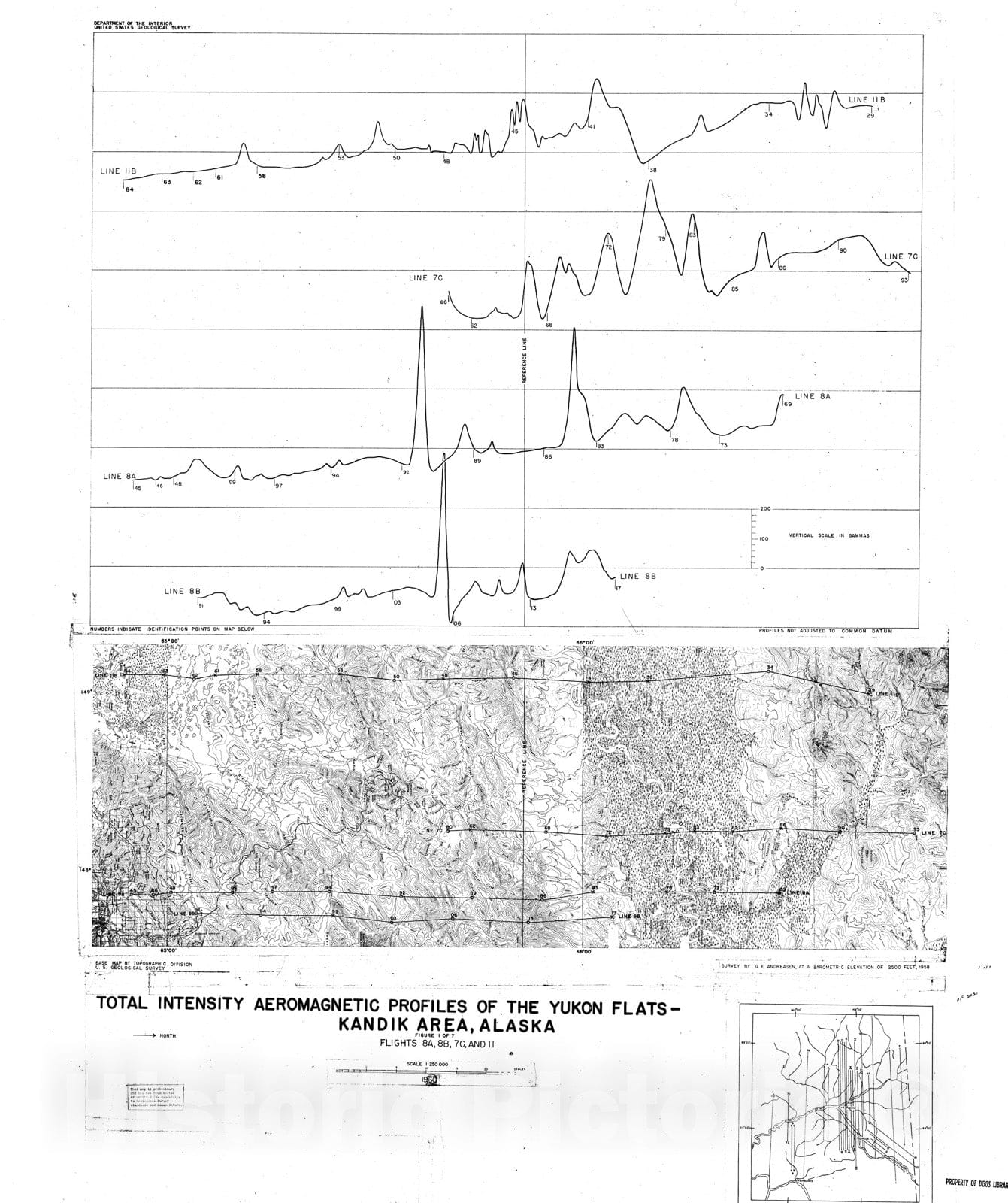 Map : Total intensity aeromagnetic profiles of the Yukon Flats-Kandik area, Alaska, 1960 Cartography Wall Art :