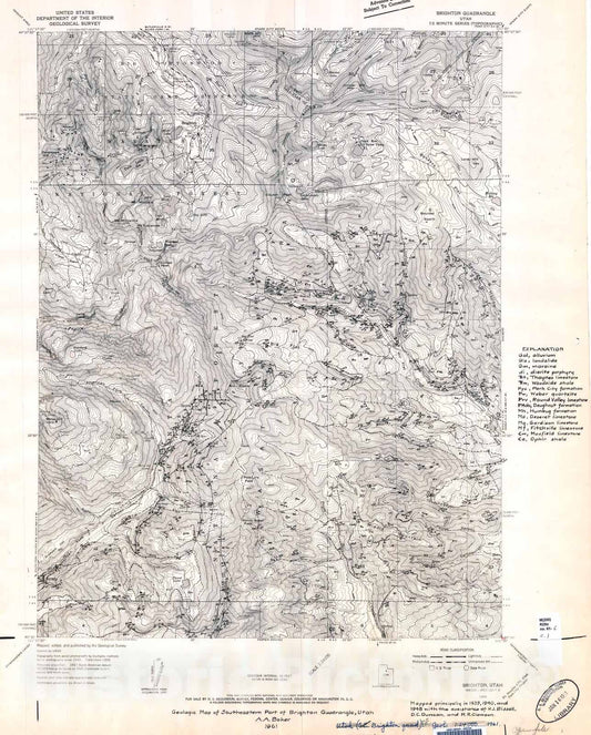 Map : Geologic map of the southeastern part of the Brighton quadrangle, Utah, 1961 Cartography Wall Art :