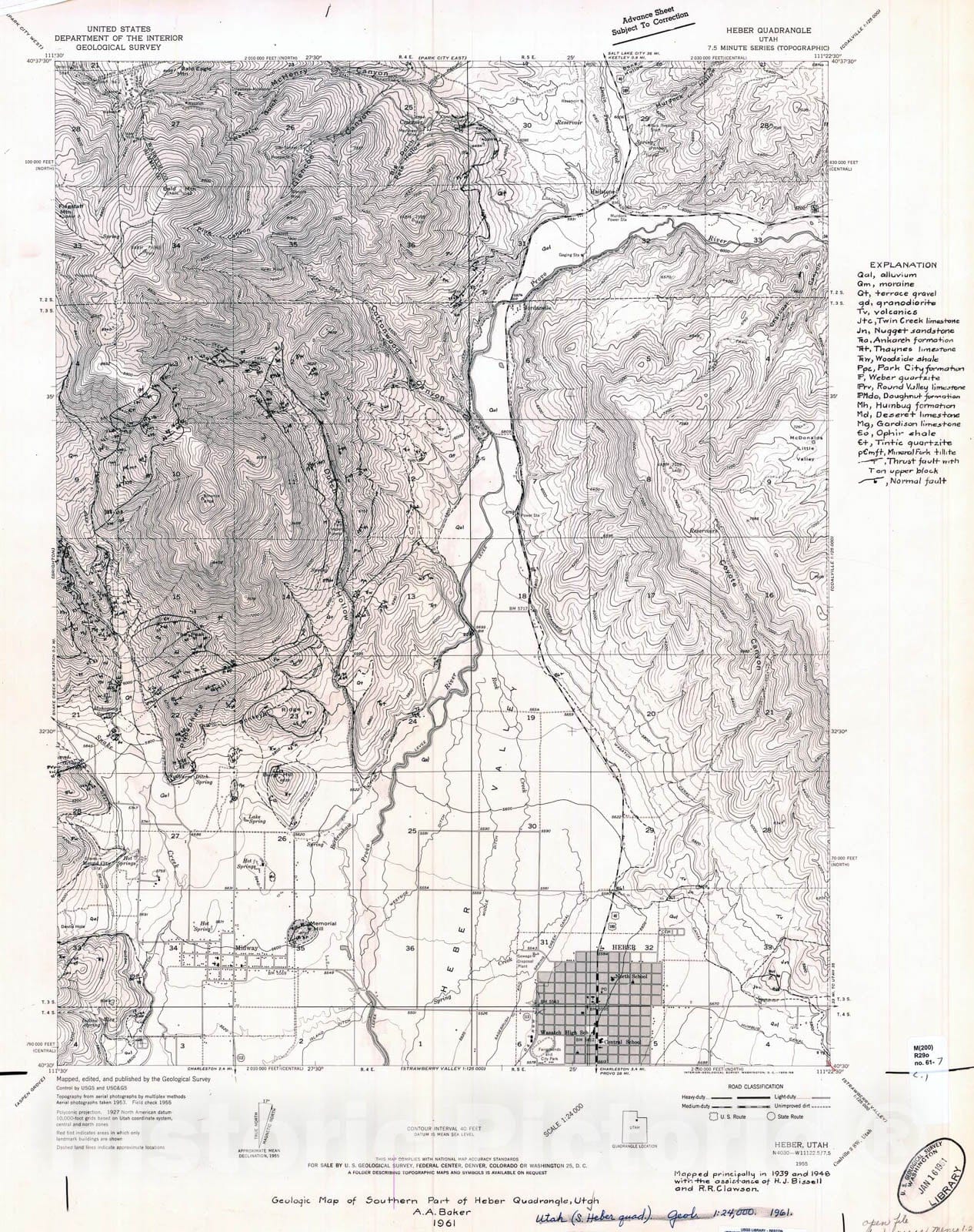 Map : Geologic map of southern part of Heber quadrangle, Utah, 1961 Cartography Wall Art :