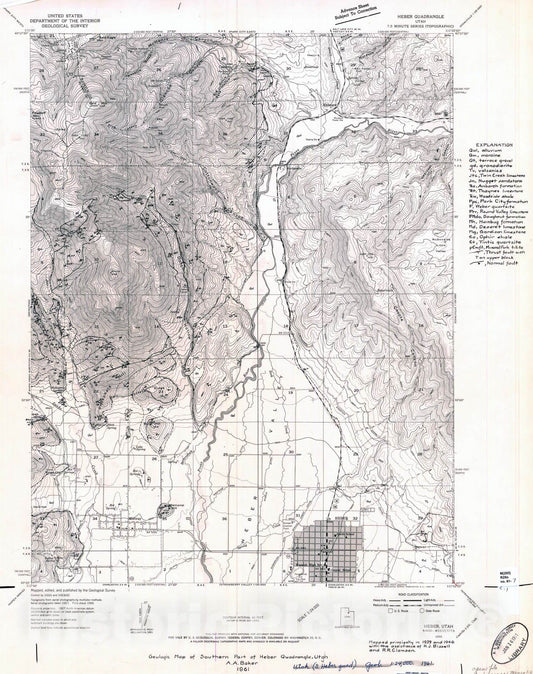Map : Geologic map of southern part of Heber quadrangle, Utah, 1961 Cartography Wall Art :