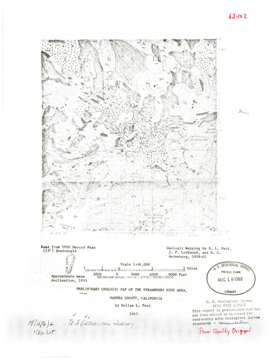 Map : Preliminary geologic map of the Strawberry Mine area, Madera County, California, 1962 Cartography Wall Art :