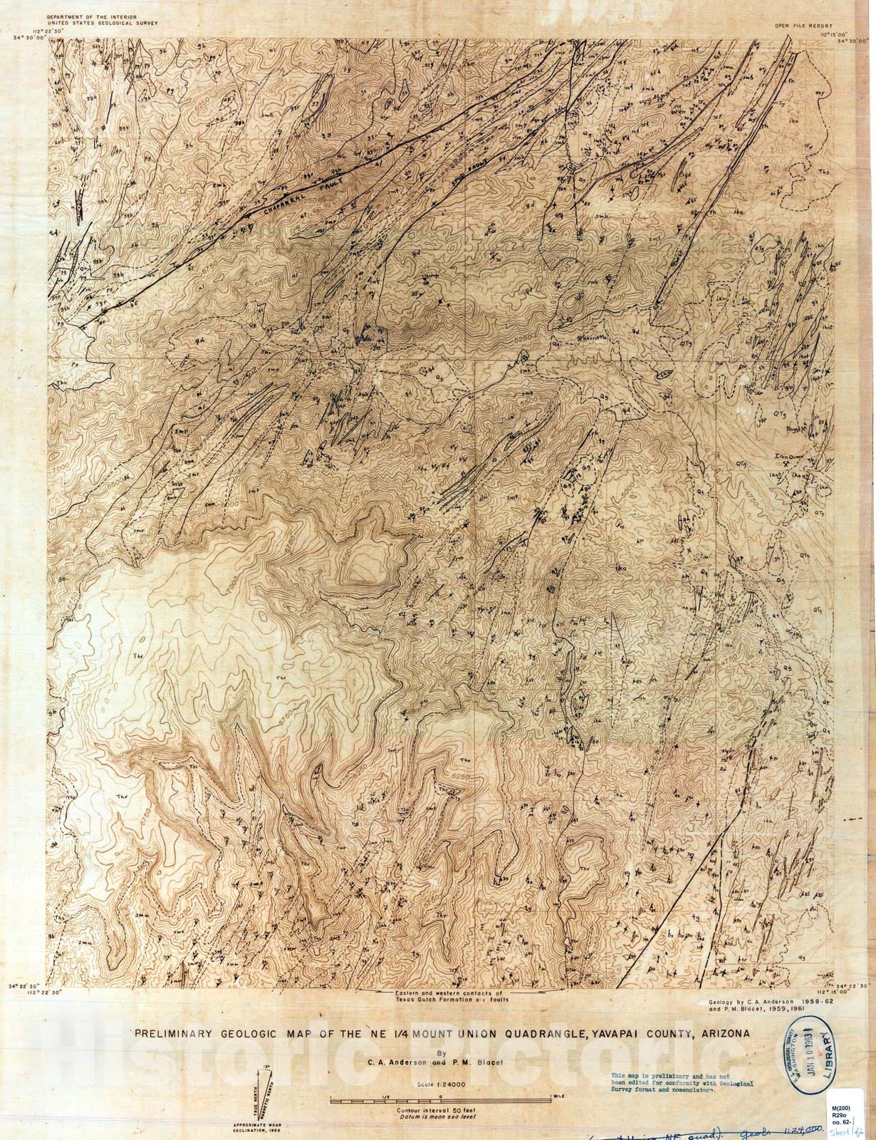 Map : Preliminary geologic map of the NE 1/4 Mount Union quadrangle, Yavapai County, Arizona, 1962 Cartography Wall Art :