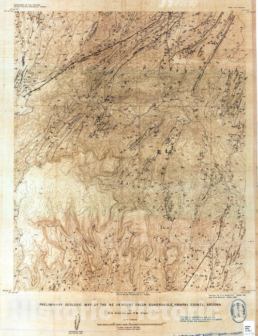 Map : Preliminary geologic map of the NE 1/4 Mount Union quadrangle, Yavapai County, Arizona, 1962 Cartography Wall Art :