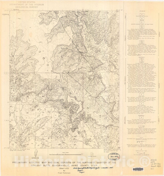 Map : Preliminary geologic map and coal deposits of the northwest quarter of the Gunsight Butte quadrangle, Kane County, Utah, 1965 Cartography Wall Art :