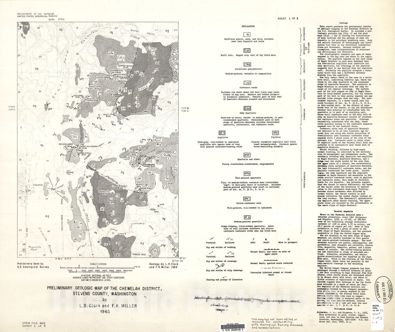Map : Preliminary geologic map of the Chewelah district, Stevens County, Washington, 1965 Cartography Wall Art :
