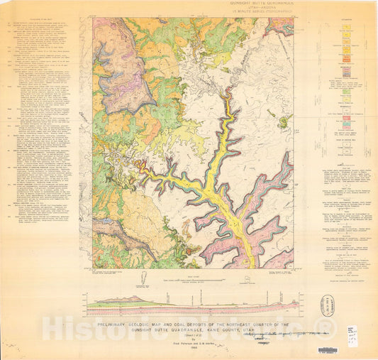 Map : Preliminary geologic map and coal deposits of the northeast quarter of the Gunsight Butte quadrangle, Kane County, Utah, 1966 Cartography Wall Art :