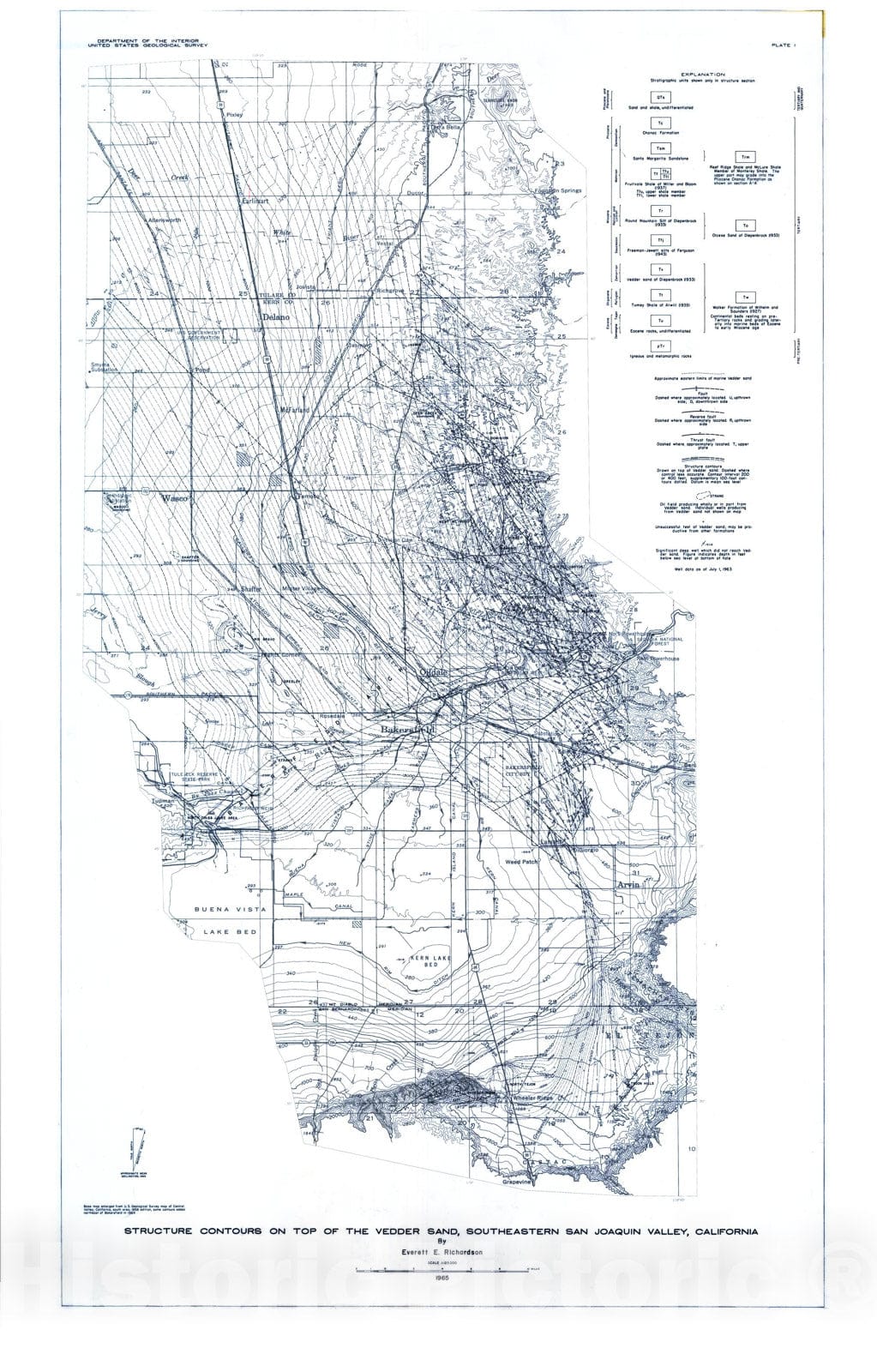 Map : Structure contours on top of the Vedder sand, southeastern San Joaquin Valley, California, 1966 Cartography Wall Art :