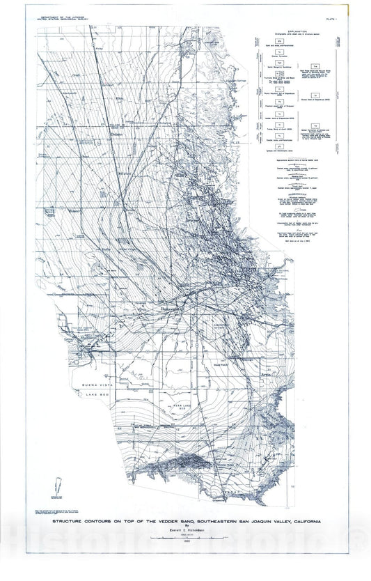 Map : Structure contours on top of the Vedder sand, southeastern San Joaquin Valley, California, 1966 Cartography Wall Art :
