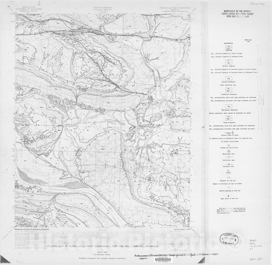 Map : Geologic map of the Russellville West quadrangle, Pope and Yell Counties, Arkansas, 1967 Cartography Wall Art :