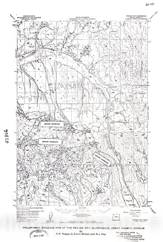 Map : Preliminary geologic map of the Prairie City quadrangle, Grant County, Oregon, 1967 Cartography Wall Art :