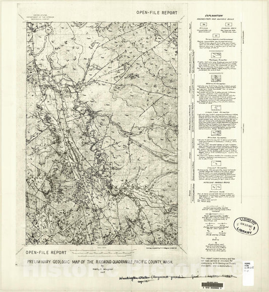 Map : Preliminary geologic map of the Raymond quadrangle, Pacific County, Washington, 1967 Cartography Wall Art :