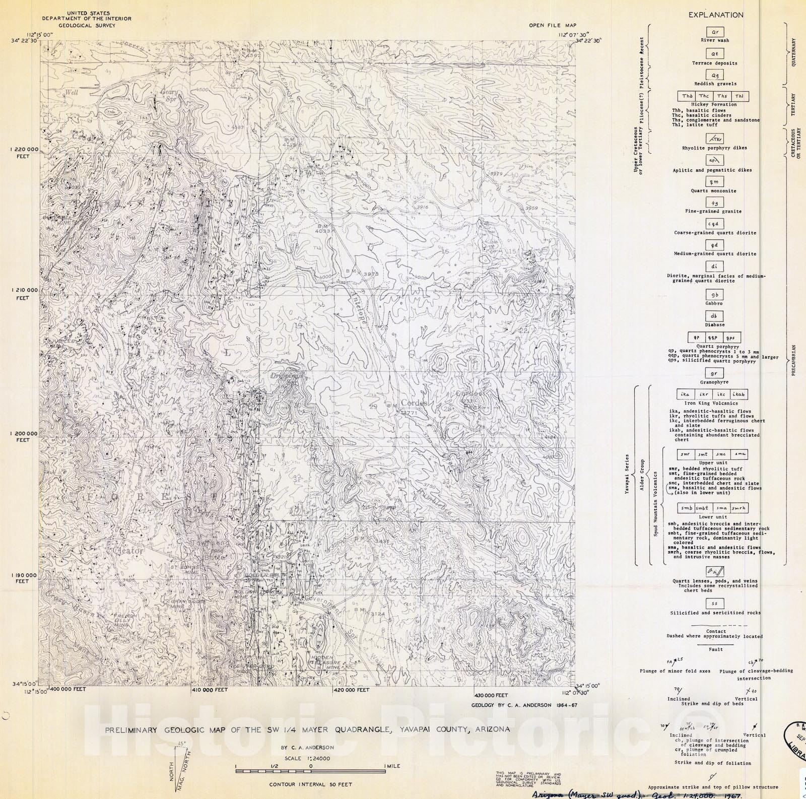 Map : Preliminary geologic map of the SW 1/4 Mayer quadrangle, Yavapai County, Arizona, 1967 Cartography Wall Art :