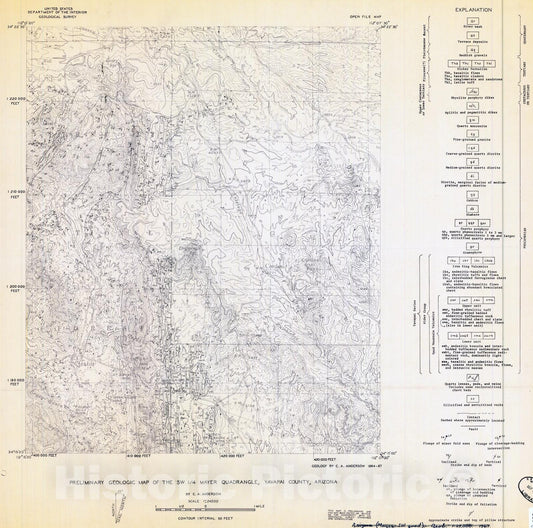 Map : Preliminary geologic map of the SW 1/4 Mayer quadrangle, Yavapai County, Arizona, 1967 Cartography Wall Art :