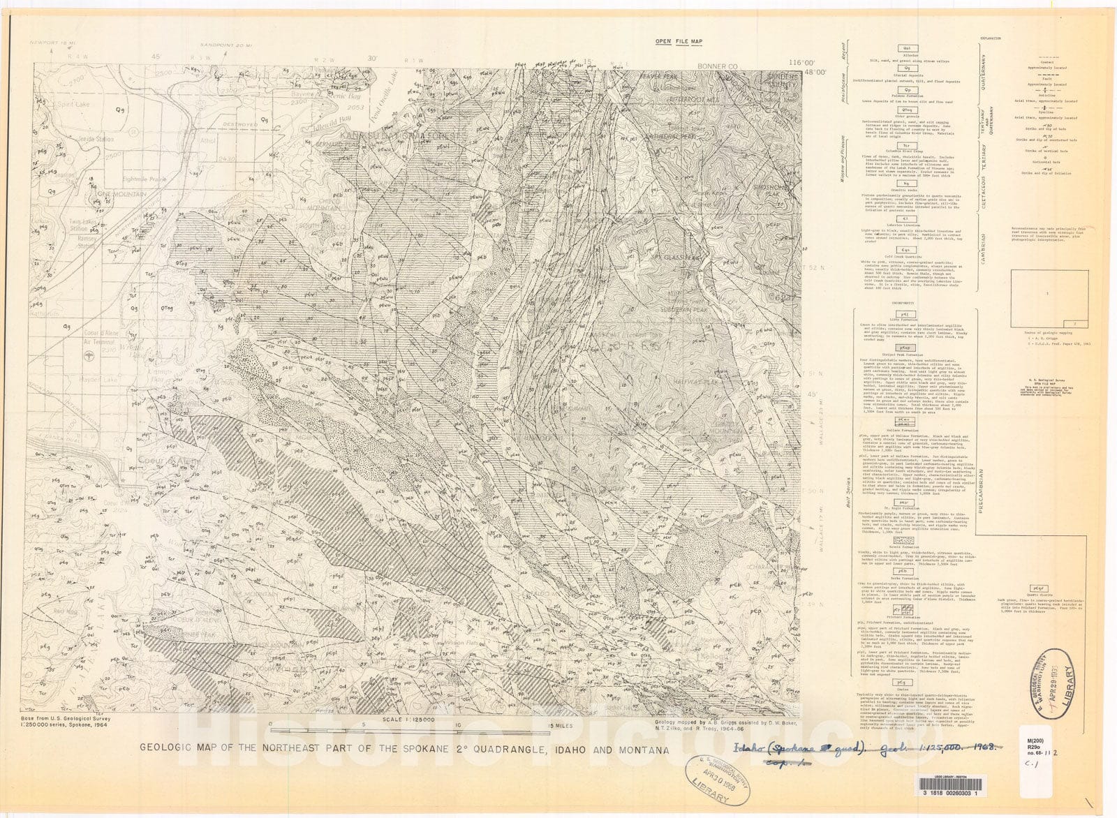 Map : Geologic map of the northeast part of the Spokane two degrees quadrangle, Idaho and Montana, 1968 Cartography Wall Art :