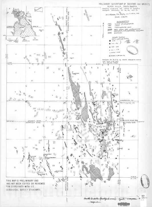 Map : Preliminary outcrop map of Rochford and vicinity, Black Hills, South Dakota, showing locations and values of samples analyzed sele, 1968 Cartography Wall Art :