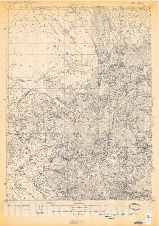 Map : Preliminary geologic map of the Owyhee quadrangle, Nevada-Idaho, 1968 Cartography Wall Art :
