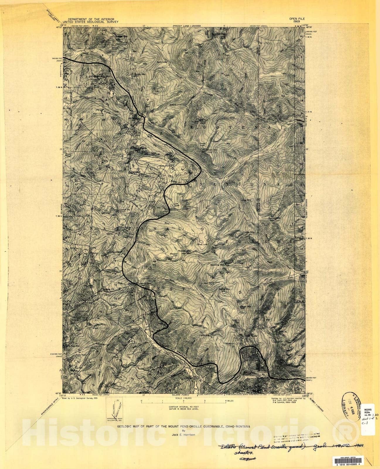 Map : Geologic map of the Mount Pend Oreille quadrangle, Idaho-Montana, 1969 Cartography Wall Art :