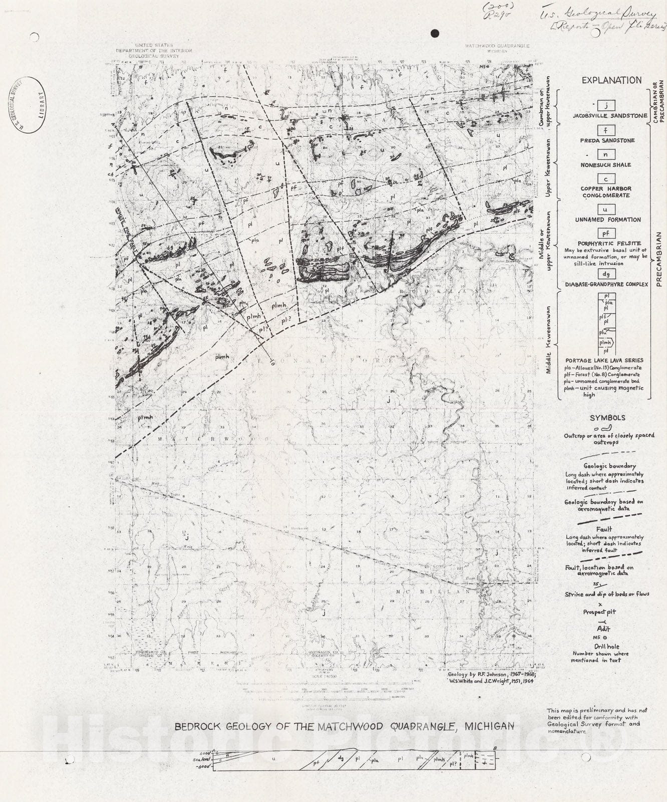 Map : Preliminary report on the geology and copper deposits of the Matchwood quadrangle, Ontonagon County, Michigan, 1969 Cartography Wall Art :